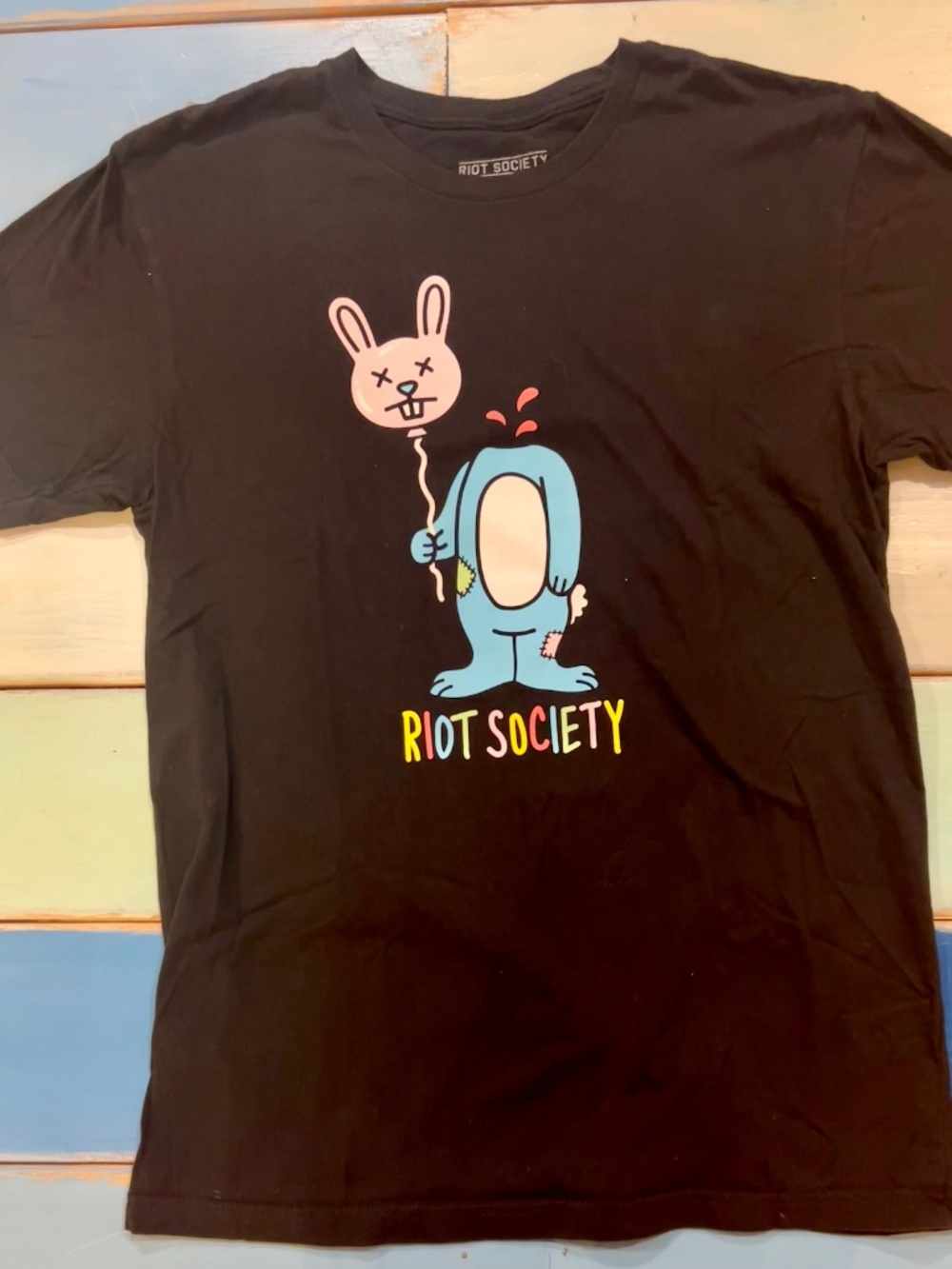 Riot Society Bunny Graphic T-Shirt Black Short Sleeve Streetwear Tee Medium